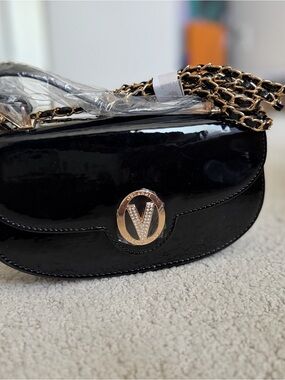 Black Patent Shoulder Bag / Crossbody with Gold Chain and Logo Accent